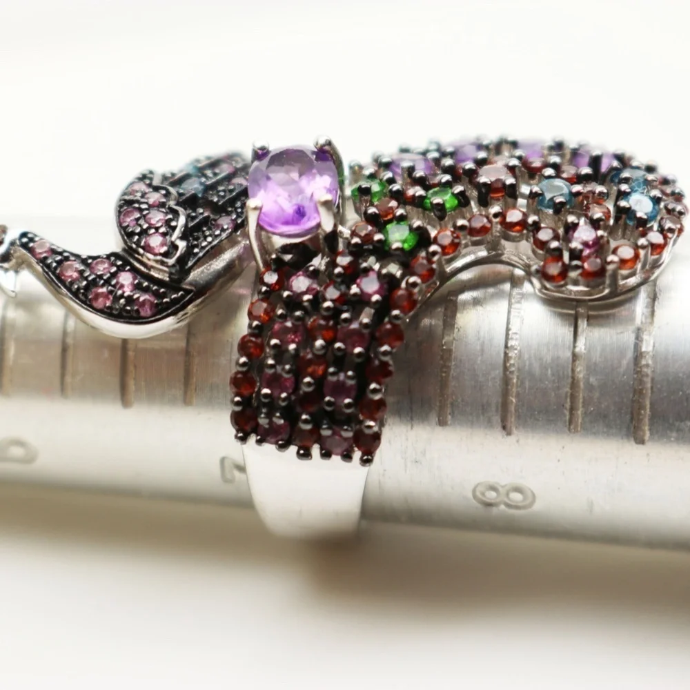 Sterling Silver Peacock Statement Ring Amethyst & Multi Gemstones in Sz 7 💚🦚🩵💍💜